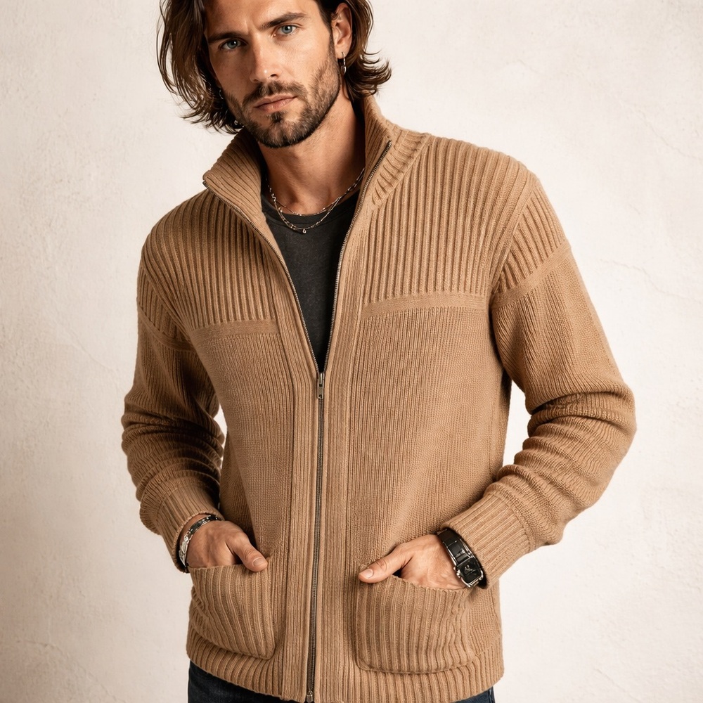 Vtg 70s Men's Store Ribbed Zip Cardigan Knit Sweater Heritage Workwear Grunge M
